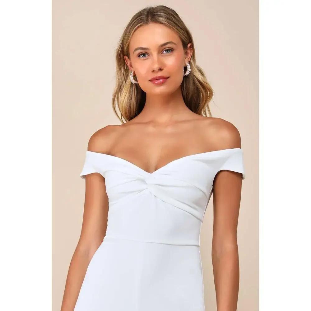NWT Lulus Stunning Existence White Off-the-Shoulder Knot-Front Jumpsuit Size L